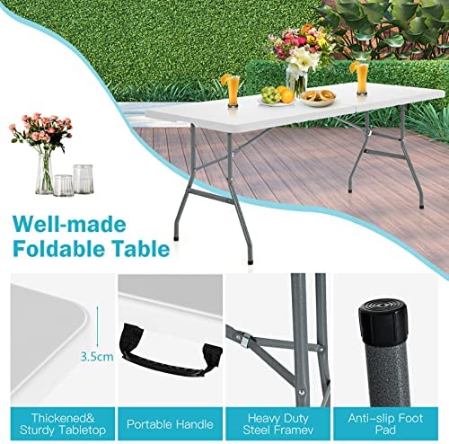 COSTWAY 6FT/180cm Folding Camping Table with Carrying Handles, Portable Trestle Dining Picnic Table, Outdoor Indoor Kitchen Garden Patio Picnic BBQ Table, 150kg Load Capacity - Image 3
