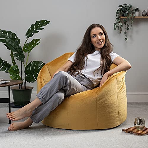 icon Sirena Velvet Bean Bag Accent Chair and Footstool, Ochre Yellow, Scallop Chair Bean Bags for Adult with Filling Included, Velvet Adults Beanbag, Living Room Furniture Bean Bag Chairs - Image 2