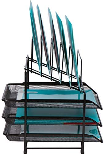 Dasher Products Mesh Desk Organizer and Storage - Office Organizer with 3 Sliding Letter Trays and 5 Vertical File Holders,Steel Mesh Letter Trays for Desk Organization - Image 3