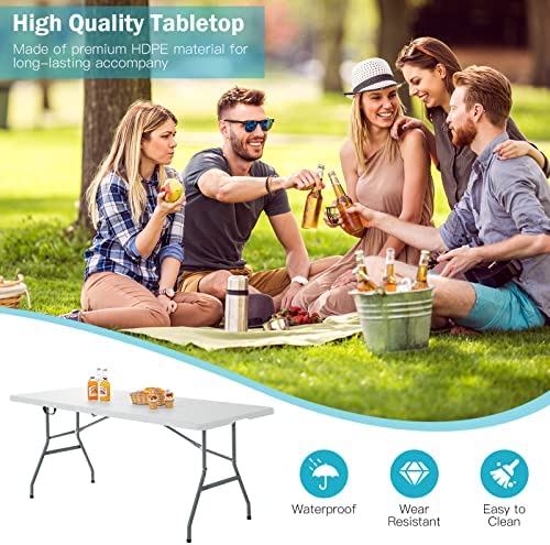 COSTWAY 6FT/180cm Folding Camping Table with Carrying Handles, Portable Trestle Dining Picnic Table, Outdoor Indoor Kitchen Garden Patio Picnic BBQ Table, 150kg Load Capacity - Image 2