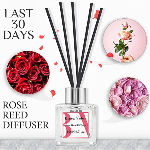 Rose Reed Diffuser Set, Binca Vidou Scented Oil Diffuser with Rattan Sticks for Bedroom Bathroom Office Home Fragrance Gift 50ml/1.7oz - Image 2