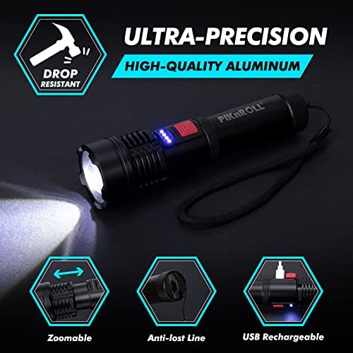 PIKnROLL LED Torch 10000 Lumens, USB Rechargeable Flashlight Super Bright, Zoombar Torches 5 Modes, IP67 Waterproof Tactical Torch for Camping, Outdoor, Dog Walking - Image 3
