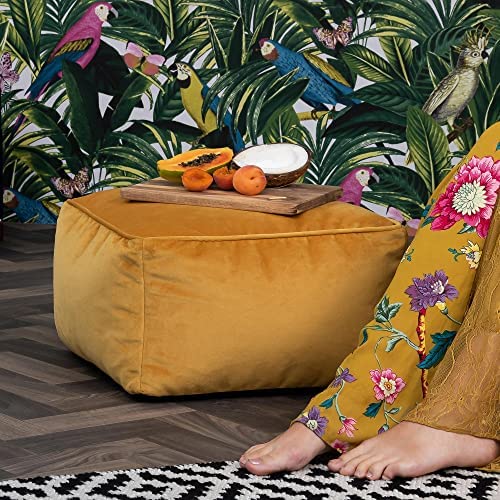 icon Sirena Velvet Bean Bag Accent Chair and Footstool, Ochre Yellow, Scallop Chair Bean Bags for Adult with Filling Included, Velvet Adults Beanbag, Living Room Furniture Bean Bag Chairs - Image 3