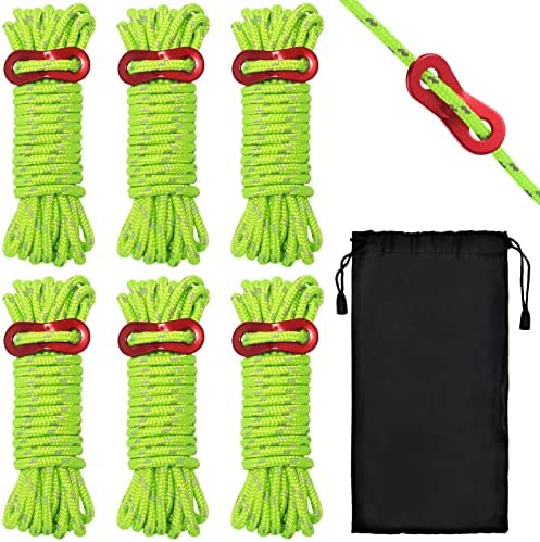 6Pcs Tent Rope Reflective Guy Ropes, Tent Camping Rope with Aluminum Tensioners, 4mm Tent Guy Line for Outdoor Awning Camping Hiking