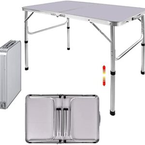 90CM Portable Aluminum Folding Table Party Garden BBQ Camping Table, 2 Gear Adjustable Height Lightweight Aluminum Foldable Table for Outdoor Picnic Cooking, White, Unfolding Size: 90x67/37CM