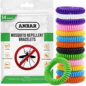 Anbar Mosquito Repellent Bracelets Bands for Adults and Kids, 14 Pack, All-Natural Deet-Free, Non-Toxic Protection, Stretchy Waterproof Anti-Mosquito Wristbands for Hiking and Camping