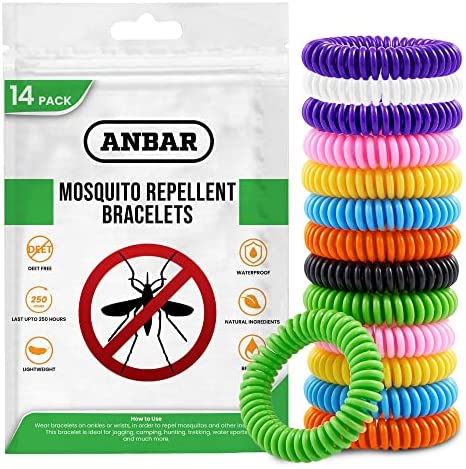 Anbar Mosquito Repellent Bracelets Bands for Adults and Kids, 14 Pack, All-Natural Deet-Free, Non-Toxic Protection, Stretchy Waterproof Anti-Mosquito Wristbands for Hiking and Camping