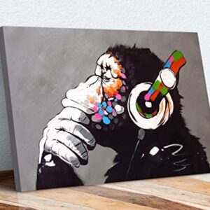 BANKSY CANVAS WALL ART PRINT ARTWORK MONKEY DJ THINKING GORILLA (36in x 24in / 91cm x 60cm)
