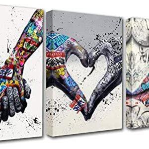 Banksy Street Art Graffiti Hand Pictures Heart Love Paintings Romantic Kiss Artwork for Living Room Gift 3 Pieces Canvas Wall Art Nordic Home Decor Framed Ready to Hang Poster and Prints(42''Wx20''H)