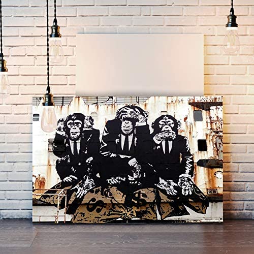 CanvasArtShop BANKSY 3 WISE MONKEYS CANVAS WALL GRAFFITI ART PRINT ARTWORK FRAMED (30in x 20in / 76cm x 50cm)
