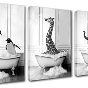 Contemporary Wall Art Black and White 3 Pieces Wall Art Decor Animal Pictures Two Penguin Play in the water Canvas Modern Artwork Giraffe Elephant Take a bath Home Decor for Living Room-42''x20''