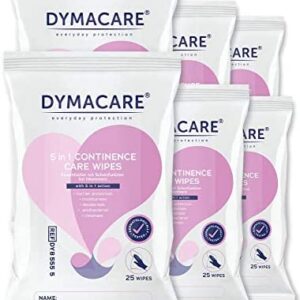 DYMACARE 5 in 1 Continence Care Wipes | Adult Scented Premium Disposable Incontinence Cloths | Skin Cleansing Wipes with Barrier Protection | 6 Packs (150 Wipes in Total)