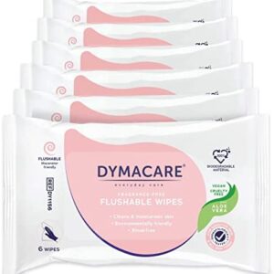DYMACARE Flushable Wet Wipes | Gentle Biodegradable Unfragranced Moist Skin Cleansing Wipes with Aloe Vera | Great for Personal, Intimate care and all the Family | Travel Size | 6 Packs (36 count)