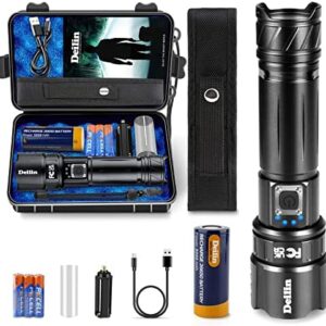 Deilin Torch, Led Super Bright 10000 Lumens Torches, Type-C Rechargeable Powerful Torch with 5000mah 26650 Battery, Zoomable & 5 Modes, Gift Holster & AAA Batteries for Dog Walking, Hiking & Outdoor