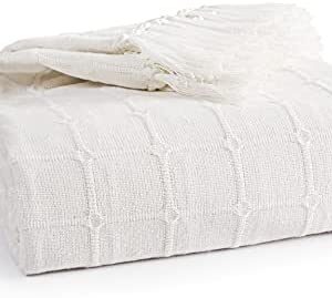 EHC Cotton Woven Throw, Jumbo Size Covers Up to 3 Seater Sofa/Chair/ Double Bed 228 x 254 cm (90" x 100" inches) Batten Design - Ivory