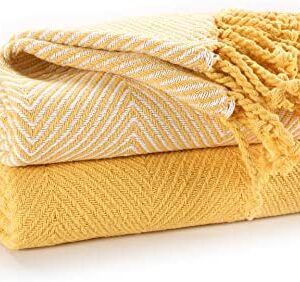 EHC Luxury Pack of 2 Chevron Cotton Single Sofa Throw Blanket, 125x 150cms - Yellow