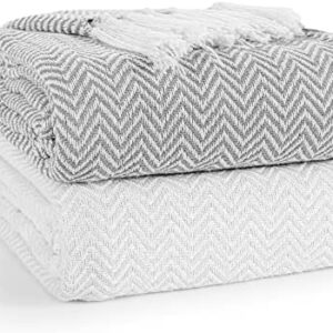EHC PAIR Pack Chevron Cotton Throws for Sofa, Settees Chair Cover Blanket, 127 x 152cm (Pack of 2) - Ivory/Grey