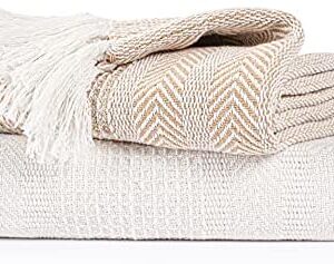 EHC Premium Pack of 2 Cross-Stitch Throws for Sofa/Chair Blanket, 125 x 150cm - Beige/Ivory
