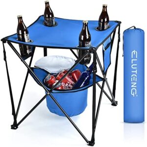 ELUTENG Folding Camping Table with Cooler Built-in, Portable Camping Table with 4 Cup Holder, Lightweight Folding Picnic Table with Storage Bag for Outdoor Picnic, Fishing, Hiking, Barbecue, Cooking