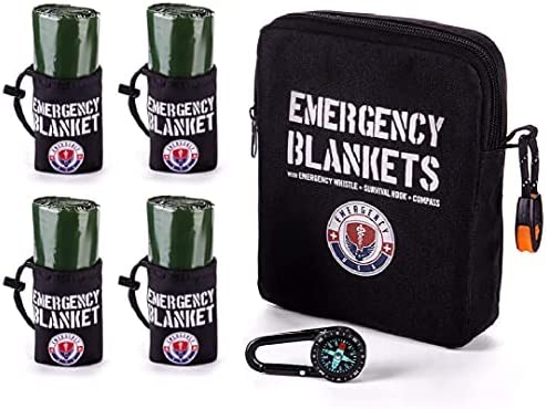 Emergency Blanket Survival Kit - 4 Mylar Reflective Thermal Blankets, Compass, Emergency Whistle - Perfect Addition to First Aid Supplies, Bug Out Survival Gear and Emergency Preparedness Items