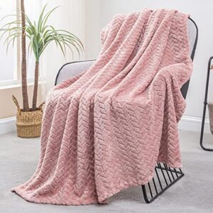 Exclusivo Mezcla Large Flannel Fleece Throw Blanket, 127x178 CM Sofa Throws, Soft Jacquard Weave Leaves Pattern Throws for Sofa, Pink Blanket