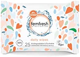 Femfresh Intimate Wipes - Flushable & Biodegradable Disposable Feminine Hygiene Vaginal Cloths w. Calendula & Aloe Vera Extracts - Soothing, pH Balanced, Hypoallergenic, 25 Count (Pack of 1)