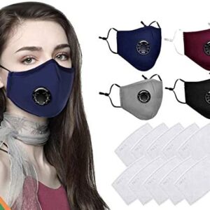 Four Washable 100% COTTON Face Masks Reusable with 10 Filters With Breathing Valve Ear Loop Covering Protection Mouth Cover Mask Colour: Black, Brown, Grey & Blue (4Mask+10Filters)