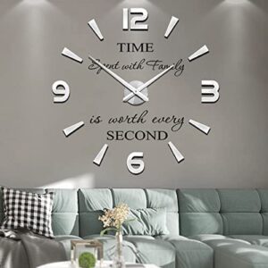 Frameless Large 3D DIY Wall Clock Mute Mirror Stickers Home Office School Decoration (Silver-73)