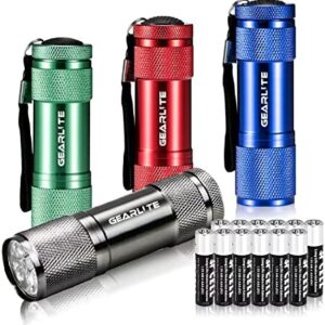 GEARLITE Small LED Torch, 4 Pack Mini Torches LED Super Bright with 9 LEDs, Colorful Pocket Torch Flashlight for Kids Adult Camping Hiking Outdoor Gifts, 12 AAA Batteries Pre-Installed