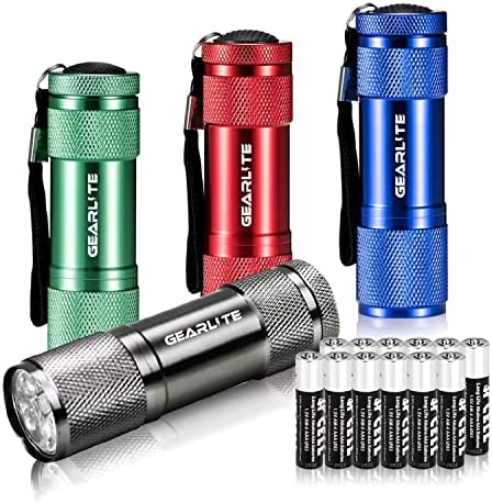 GEARLITE Small LED Torch, 4 Pack Mini Torches LED Super Bright with 9 LEDs, Colorful Pocket Torch Flashlight for Kids Adult Camping Hiking Outdoor Gifts, 12 AAA Batteries Pre-Installed