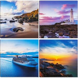 Hotoolme Canvas Wall Art Prints 4 Panels 30x30cm Modern Wooden Frame Artwork for Home Bedroom Bathroom Living Room Office Gallery Decorations (Seaside/Cruise Ship/Reef/Sunset)