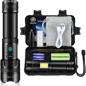 Jayxinli Torches LED Super Bright, Rechargeable Torch 10000 lumens, Bright Tactical Flashlight, Powerful XHP90 Zoomable Torch with COB Side Light 26650 Battery Powered for Camping Hiking Emergency
