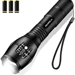 Maxesla LED Torch 2000 Lumens Gifts for Men Dad Kids, Zoomable Torches Led Super Bright Flashlight, Powerful Torches Battery Powered Water Resistant 5 Modes Torch Camping, 3 x AAA Batteries Included