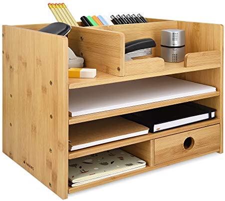 Navaris Bamboo Desk Organiser - Wooden Desktop Storage Drawers and Compartments for Organising Stationery, Documents, Files, Office Accessories