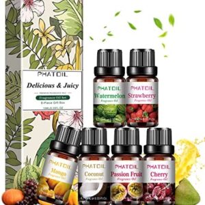 PHATOIL Top 6 Fruity Fragrance Essential Oils Set, 6 x 10ml Fragrance Oils Gift Set for Diffuser, Humidifier, Massage, Aromatherapy - Passion Fruit, Mango, Strawberry, Cherry, Coconut, Watermelon