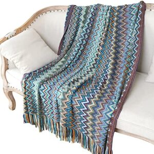 Queenshin Lightweight Boho Knit Fringe Fluffy throws 130*180 CM, 290 GMS Soft Bohemian Snuggle Tassel Knitted Blankets for Bed Couch Sofa，Blue