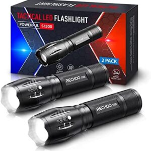 RECHOO LED Torch 2000 Lumen, 2 Pack Small Torches Led Super Bright with 5 Modes, Water Resistant, Zoomable Battery Powered Torches Flashlight for Kids Camping Fishing Gift Emergency