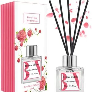 Rose Reed Diffuser Set, Binca Vidou Scented Oil Diffuser with Rattan Sticks for Bedroom Bathroom Office Home Fragrance Gift 50ml/1.7oz