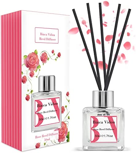 Rose Reed Diffuser Set, Binca Vidou Scented Oil Diffuser with Rattan Sticks for Bedroom Bathroom Office Home Fragrance Gift 50ml/1.7oz