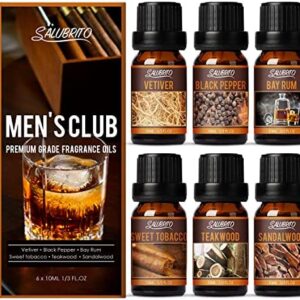 SALUBRITO Essential Oils Gift Set for Men, Natural Essential Oils for Diffusers for Home, Premium Fragrance Oils Set - Sandalwood, Teakwood, Sweet Tobacco, Bay Rum, Black Pepper, Vetiver