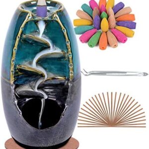 SPACEKEEPER Backflow Incense Holder Waterfall Incense Burner, Ceramic Aromatherapy Ornament Home Decor with 120 Backflow Incense Cones + 30 Incense Stick, Blue