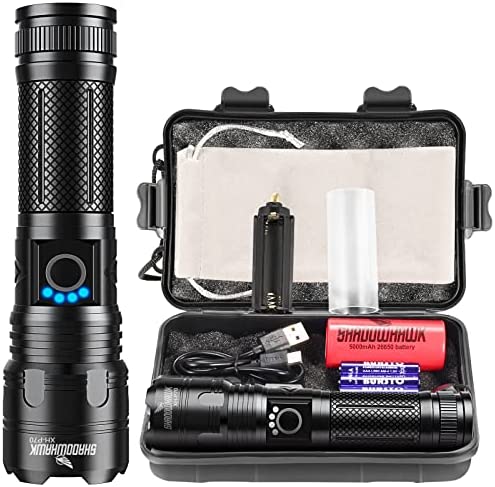 Shadowhawk Torches LED Super Bright, Rechargeable LED Torch P70 10000 Lumens Powerful Military Tactical Flashlight Rechargeable Battery Torch for Dog Walking Hiking Emergency Gift