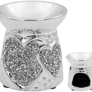 Silver Sparkle Crushed Diamond Fragrance Oil Burner Wax Warmer - Home Decor Accessories, Unique Design Ceramic Diamante Crystal Ornament (Heart Shape Wax Burner)