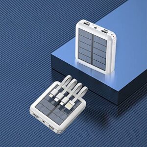 Solar Power Bank-20000mah,Solar Charger With 4 Different Charging Cables【Type C & Lightning & Usb& Micro Usb Input】Built-In Small Led Light-White