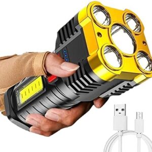 Torches Led Super Bright, Five-Nuclear Explosion LED Flashlight Strong Light Rechargeable, Led Spotlight Flashlight Portable Powerful Searchlight with 4 Lighting Modes (Gold)