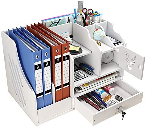 White Desktop Organiser, Large Capacity Desk File Organiser Office Stationery Desk Tidy Storage Rack Sorter for A4 Papers, Pens, Books, Letters and Documents (PB02)