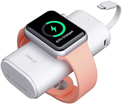 iWALK Portable Apple Watch Charger, 9000mAh Power Bank with Built in Cable, Apple Watch and Phone Charger, Compatible with Apple Watch Series 7/6/Se/5/4/3/2, iPhone14/ 13/12/12 Pro Max/ 11/6s,White