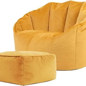 icon Sirena Velvet Bean Bag Accent Chair and Footstool, Ochre Yellow, Scallop Chair Bean Bags for Adult with Filling Included, Velvet Adults Beanbag, Living Room Furniture Bean Bag Chairs