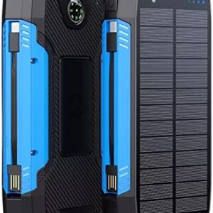 2022 Blue Solar Charger Power Bank Portable Waterproof 20000mah Fast wireless Charging with compass camping flashlight torch Battery Pack for mobile Phone Console smartphones tablets go bag