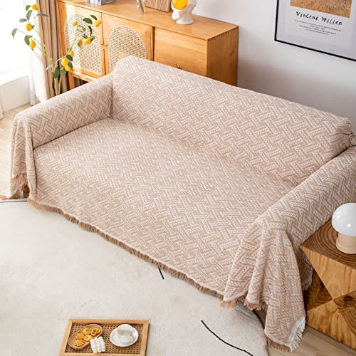 LHGOGO Throws for Sofas Large 2 Seater Sofa Throw Blanket Knitted Fringed Reversible Versatile Blanket Throw for Couch Sofa Bed Chair 180x230cm, Beige - Image 2